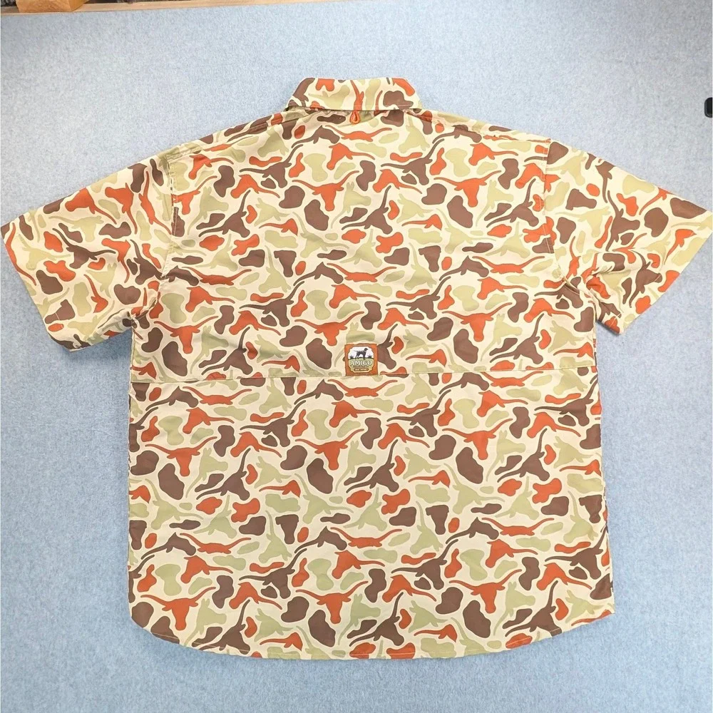 Amigo Provisions Co Mens XXL Camo Texas Longhorn Short Sleeve Fishing Shirt Camo
